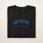 Grand Boulevard Chicago Embroidered Crewneck — Sky Blue Thread on Black