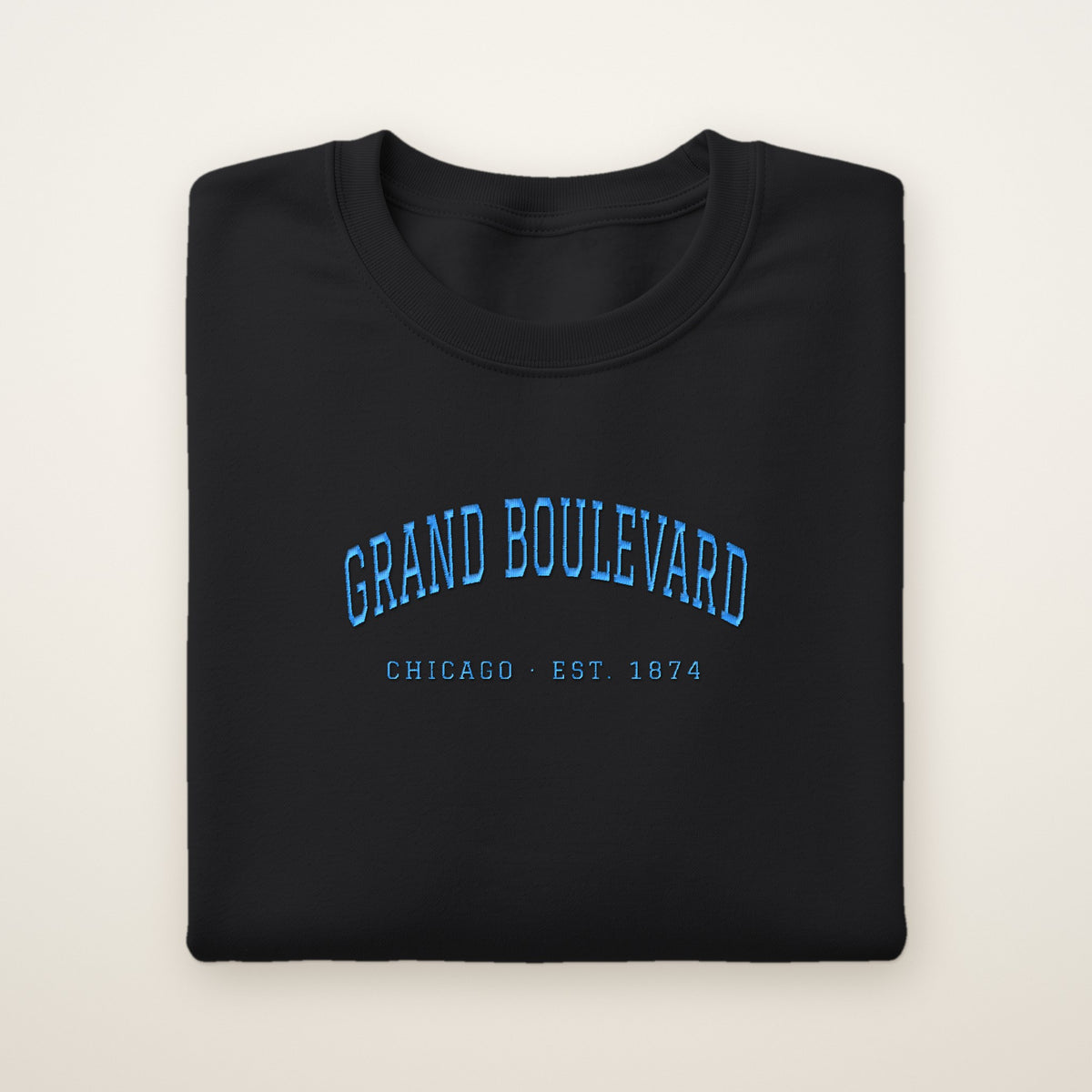Grand Boulevard Chicago Embroidered Crewneck — Sky Blue Thread on Black