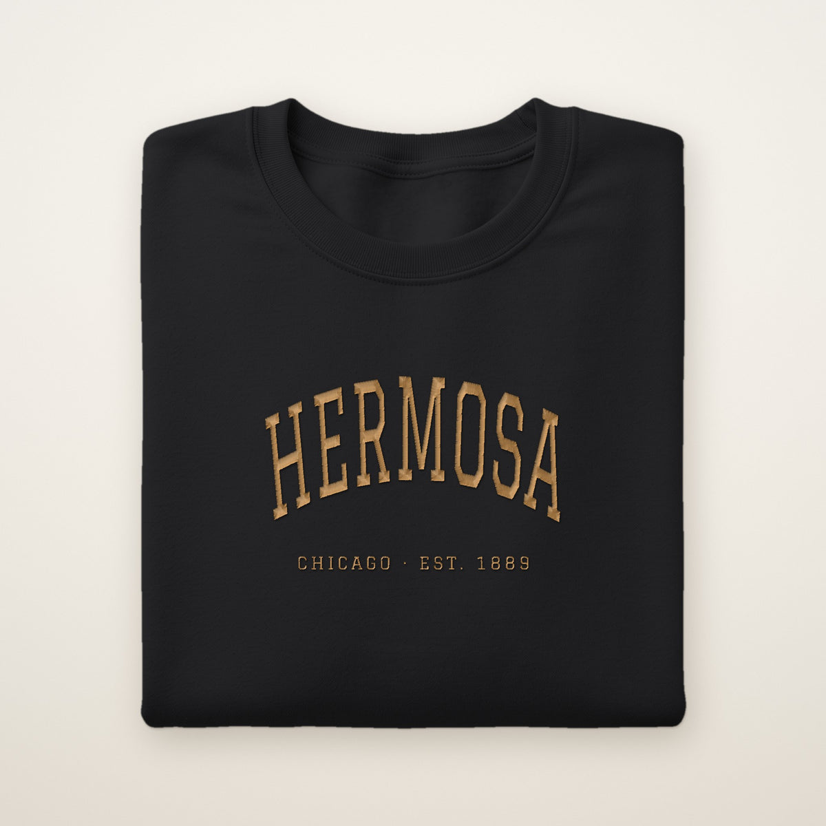 Hermosa Chicago Embroidered Crewneck — Gold Thread on Black