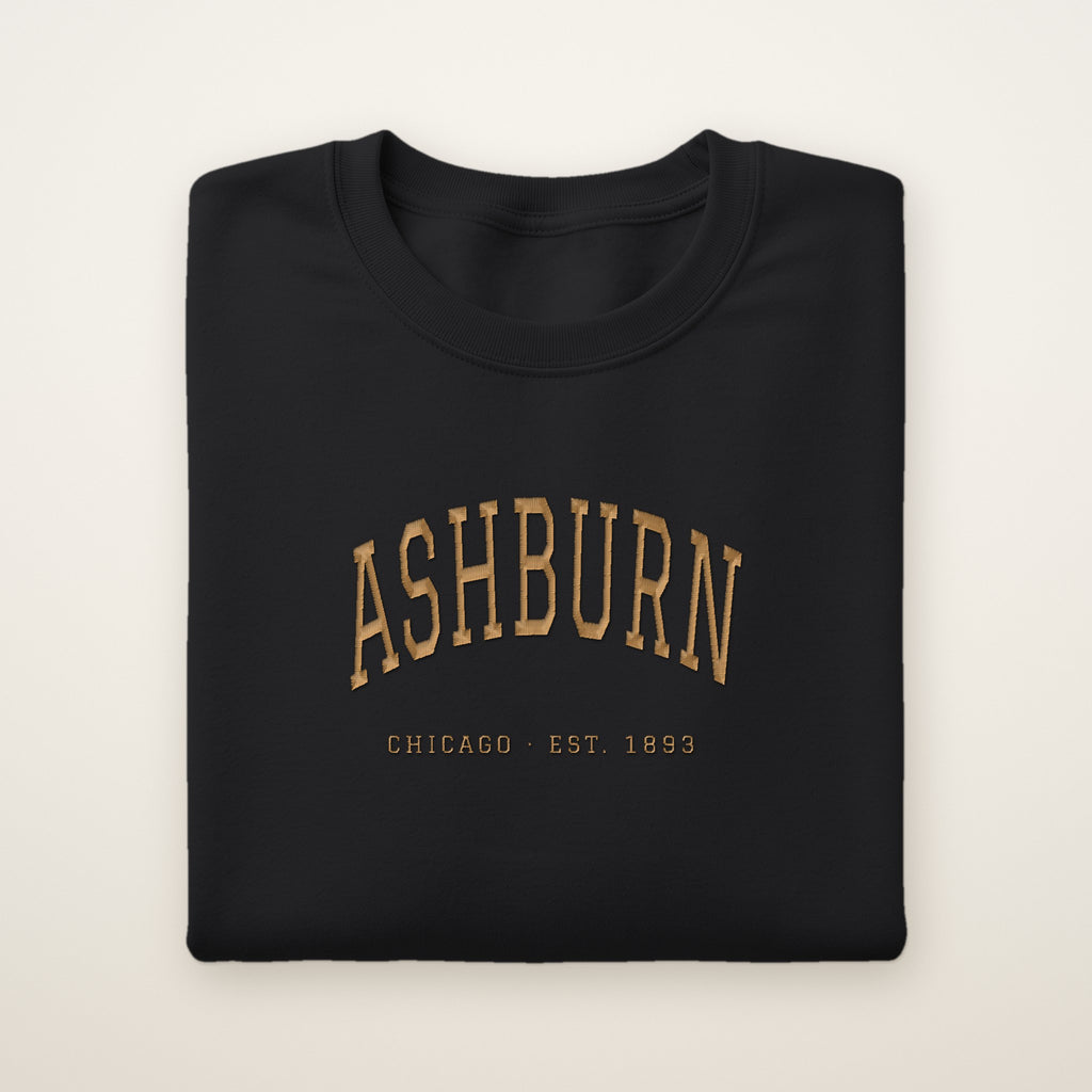 Ashburn Chicago Embroidered Crewneck — Gold Thread on Black