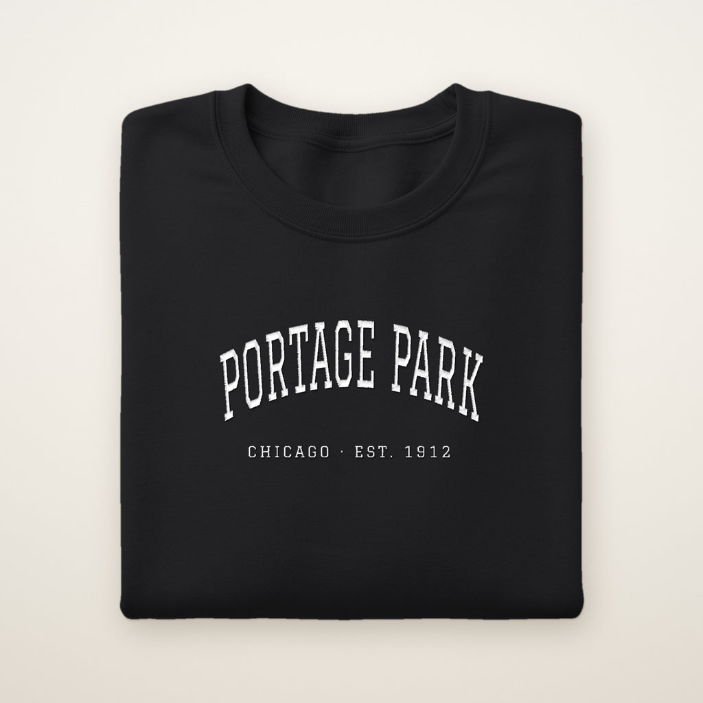 Portage Park Chicago Embroidered Crewneck — White Thread on Black