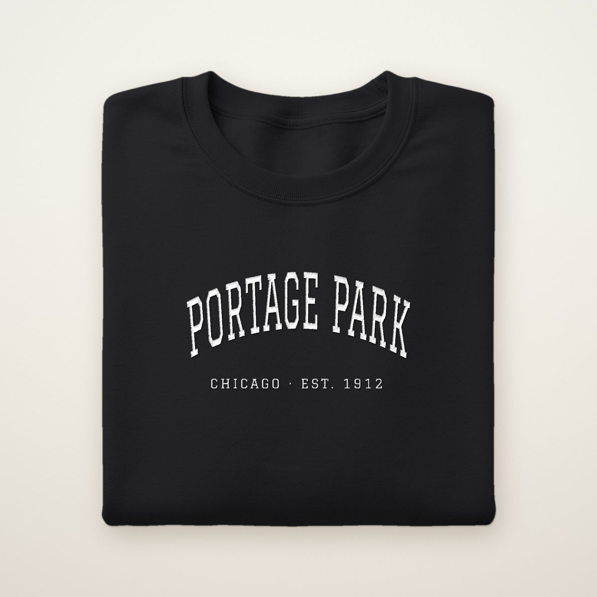 Portage Park Chicago Embroidered Crewneck — White Thread on Black