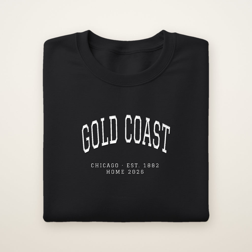 Gold Coast Chicago Home 2026 Embroidered Crewneck — White Thread on Black
