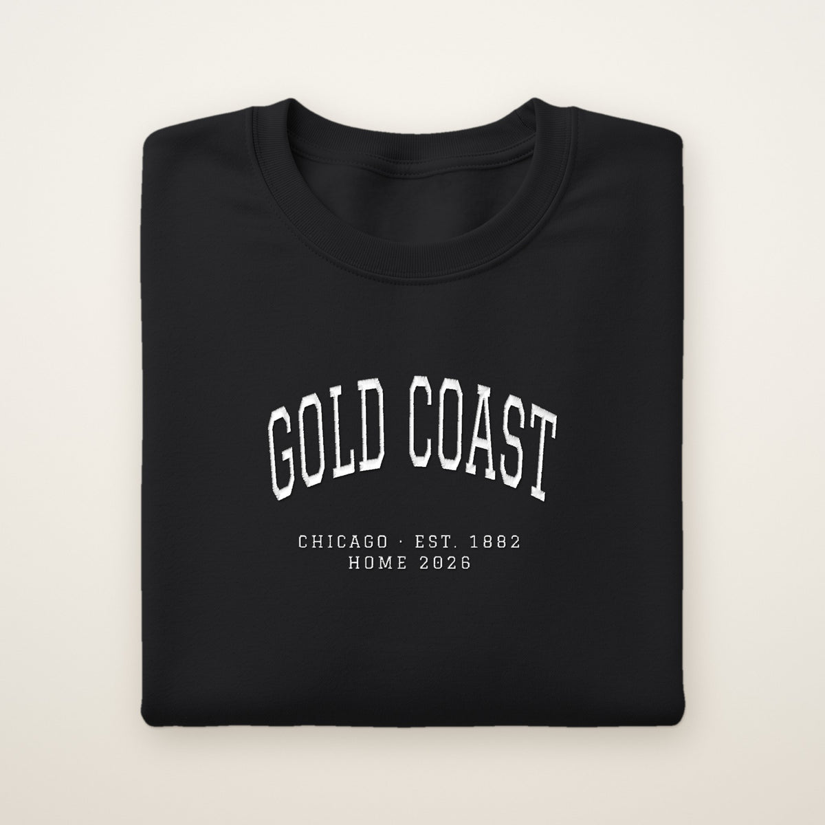 Gold Coast Chicago Home 2026 Embroidered Crewneck — White Thread on Black