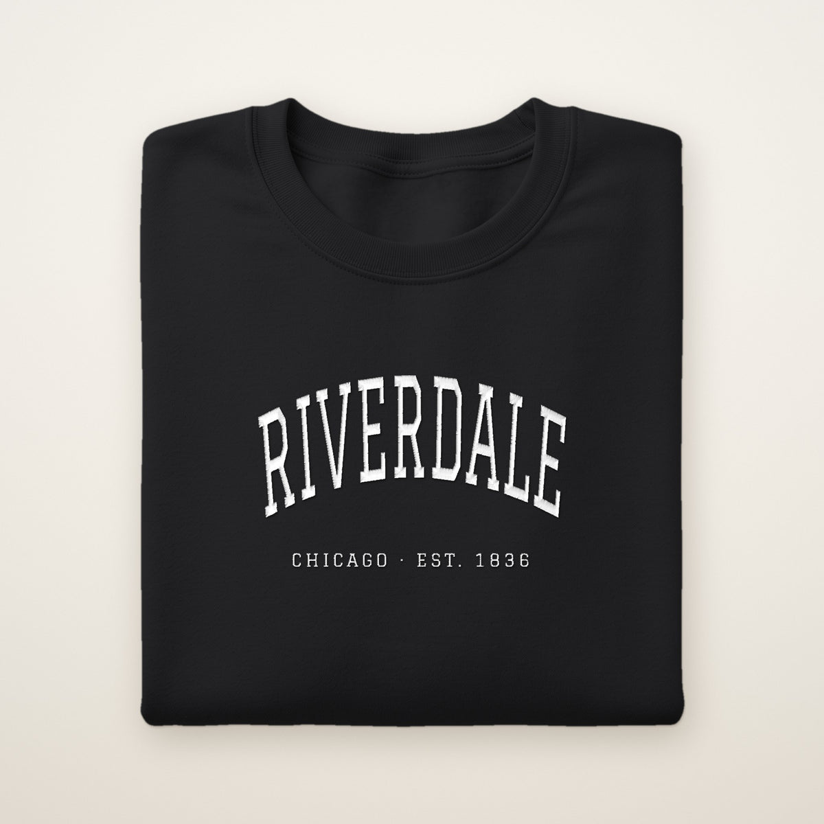 Riverdale Chicago Embroidered Crewneck — White Thread on Black