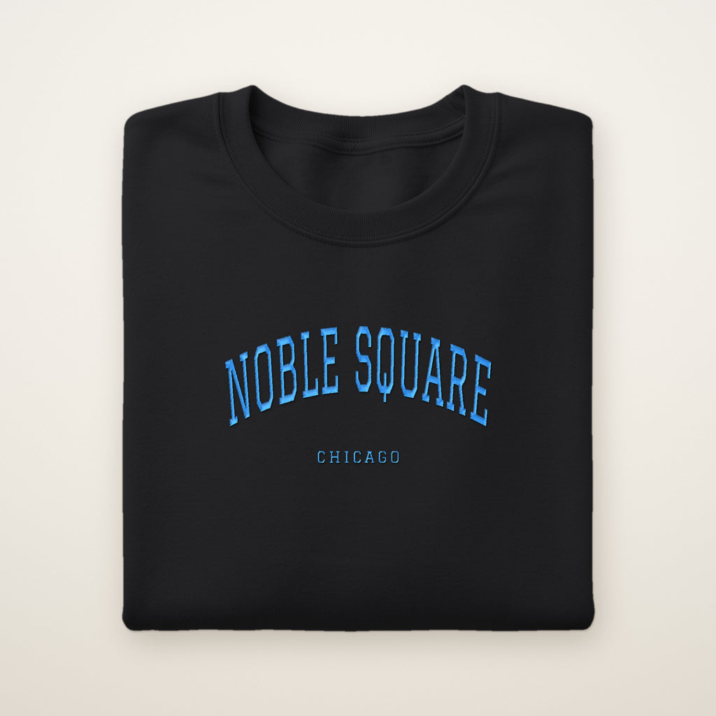 Noble Square Chicago Embroidered Crewneck — Sky Blue Thread on Black