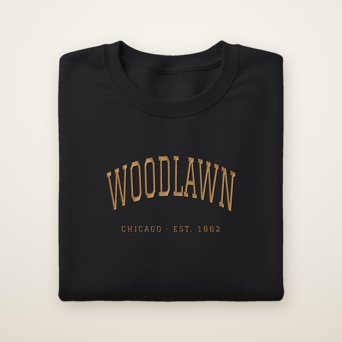 Woodlawn Chicago Embroidered Crewneck — Gold Thread on Black