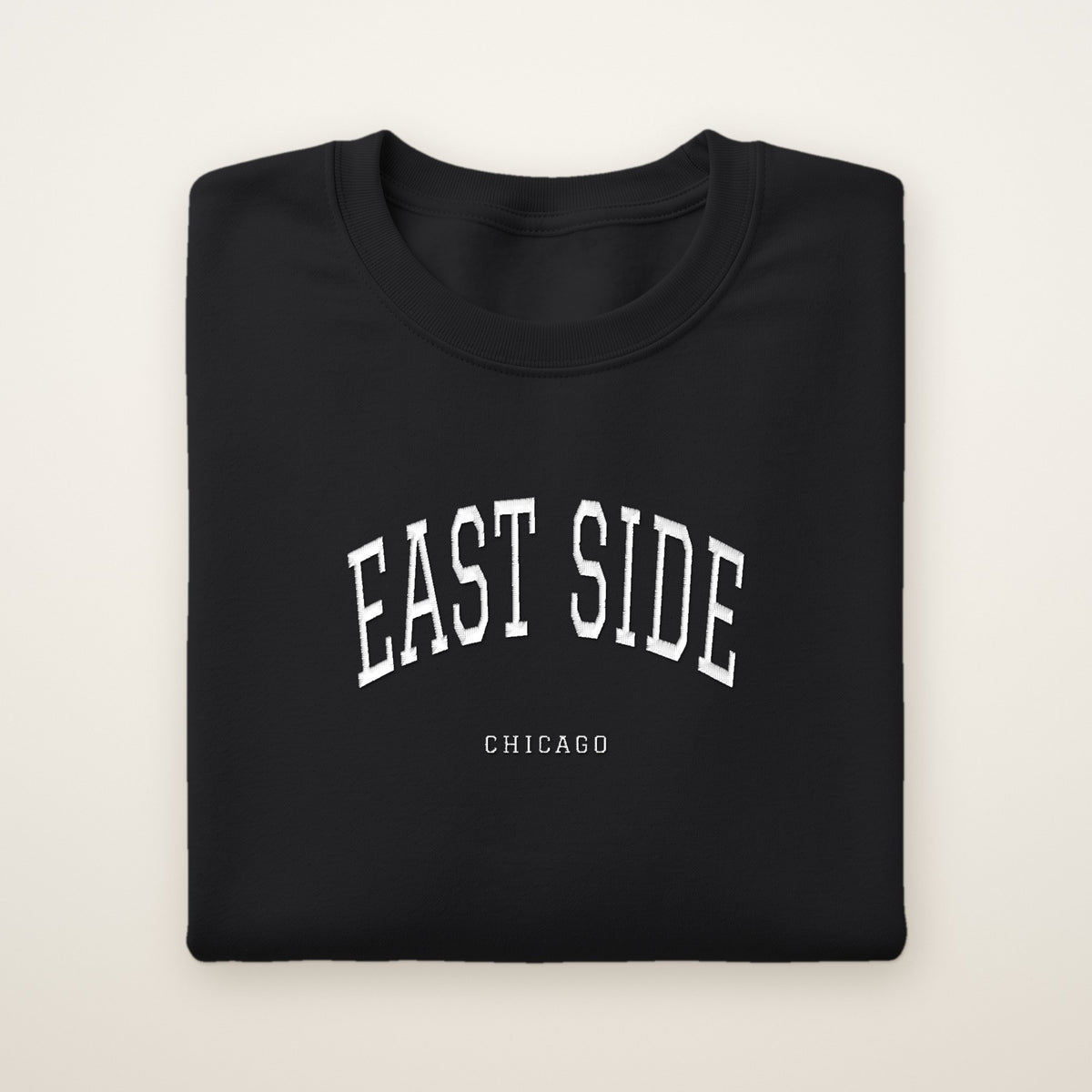 East Side Chicago Embroidered Crewneck — White Thread on Black