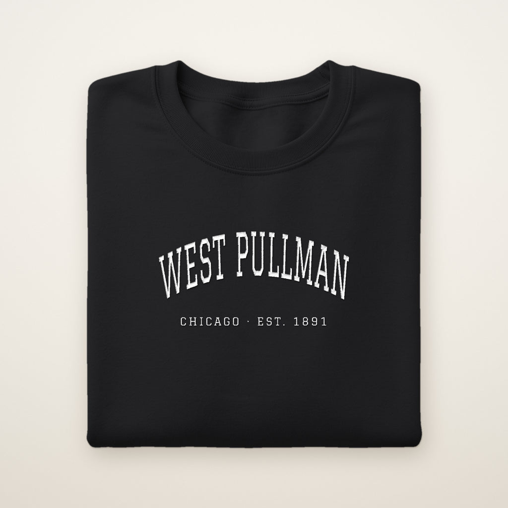 West Pullman Chicago Embroidered Crewneck — White Thread on Black