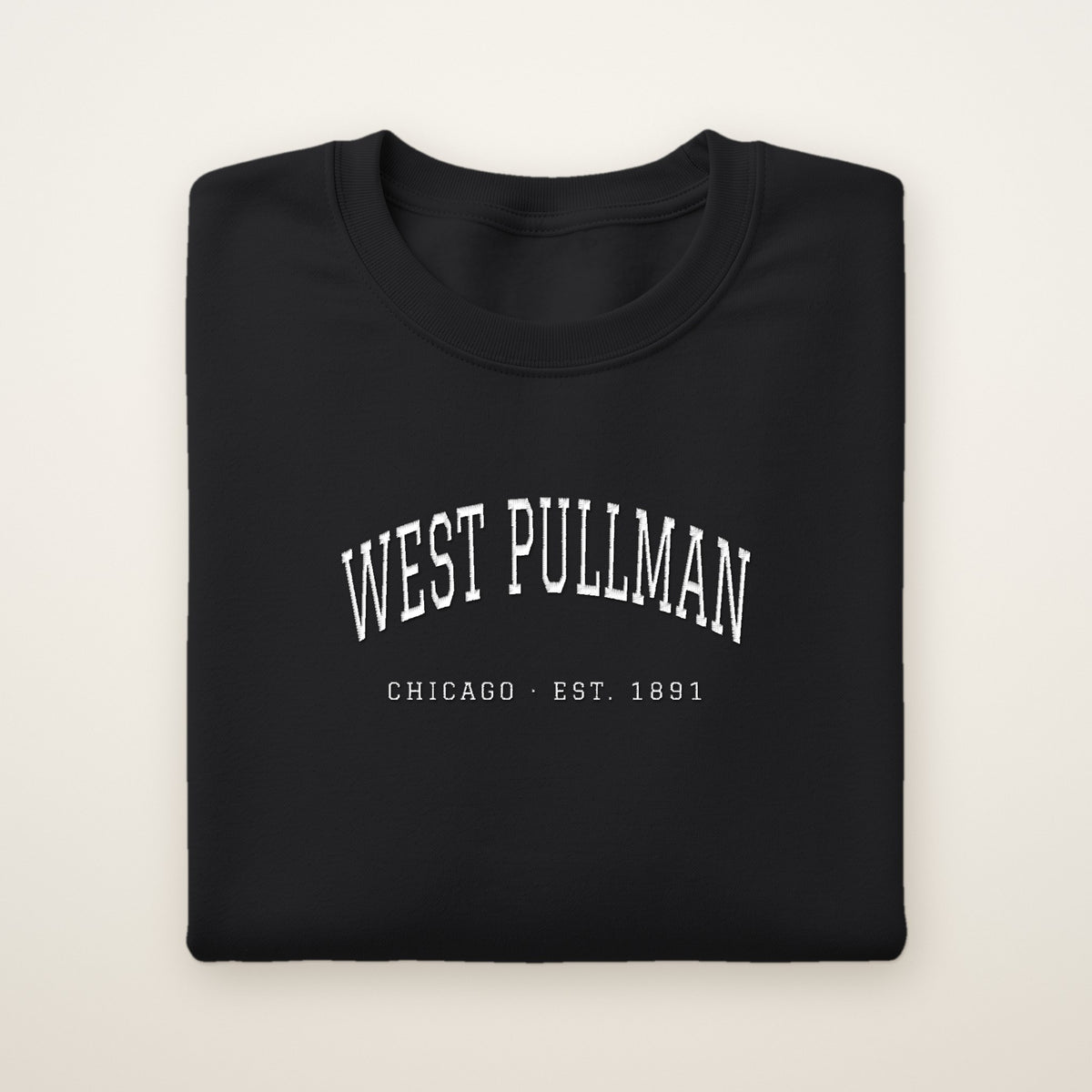 West Pullman Chicago Embroidered Crewneck — White Thread on Black