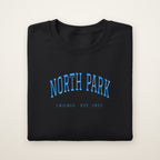 North Park Chicago Embroidered Crewneck — Sky Blue Thread on Black