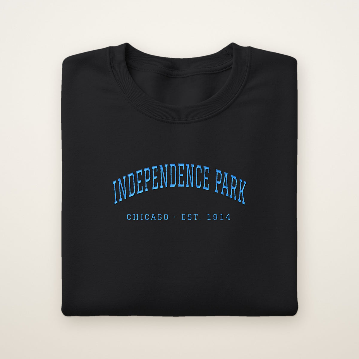 Independence Park Chicago Embroidered Crewneck — Sky Blue Thread on Black