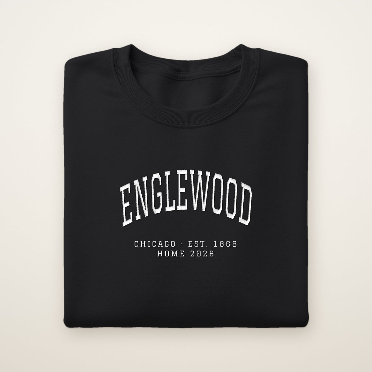 Englewood Chicago Home 2026 Embroidered Crewneck — White Thread on Black