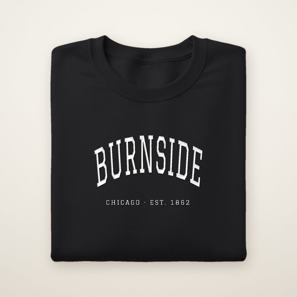 Burnside Chicago Embroidered Crewneck — White Thread on Black