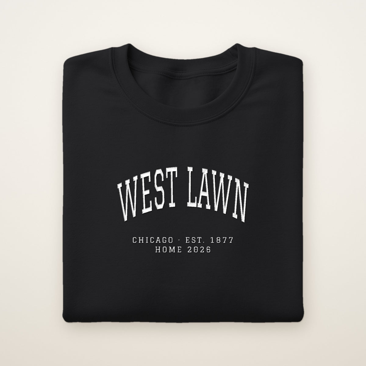 West Lawn Chicago Home 2026 Embroidered Crewneck — White Thread on Black