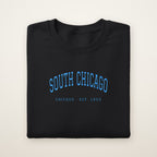 South Chicago Chicago Embroidered Crewneck — Sky Blue Thread on Black
