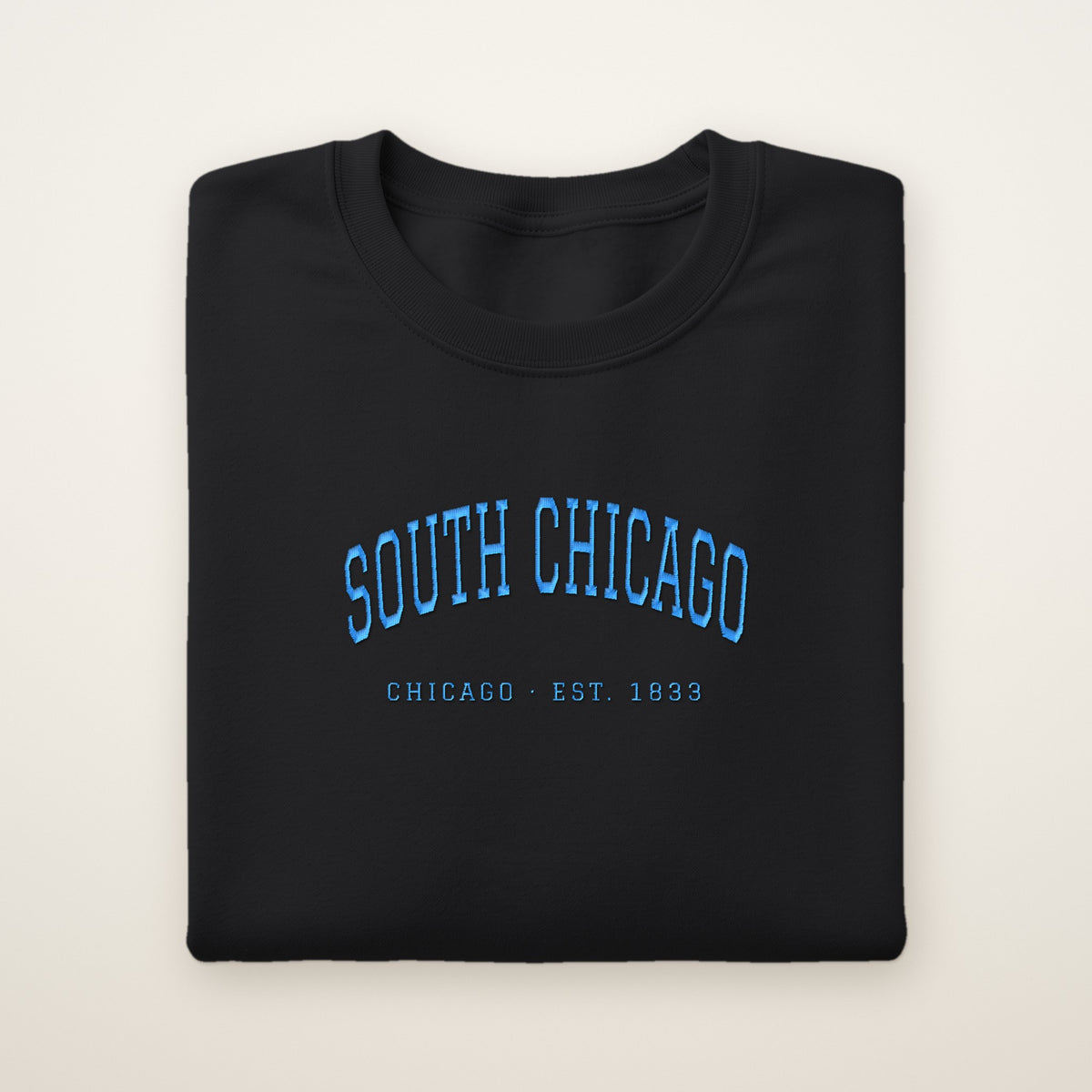 South Chicago Chicago Embroidered Crewneck — Sky Blue Thread on Black