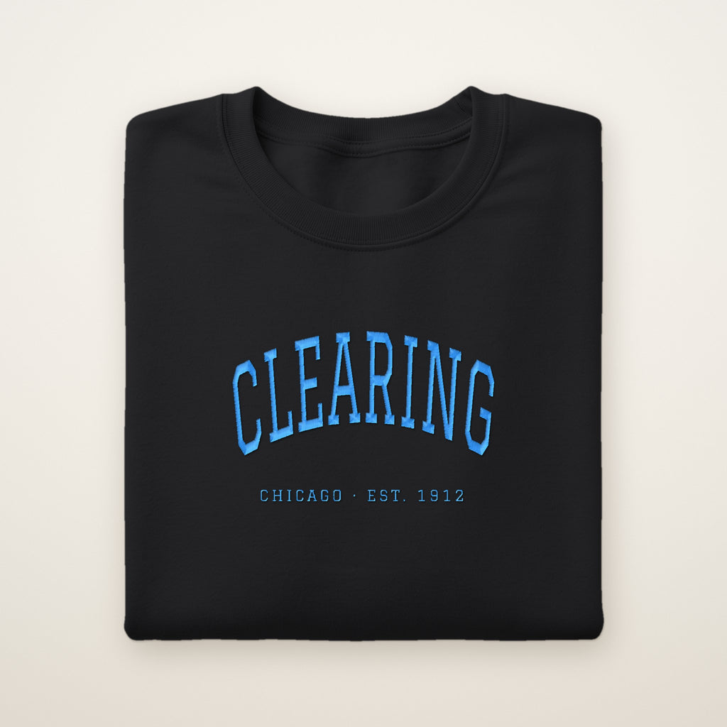 Clearing Chicago Embroidered Crewneck — Sky Blue Thread on Black