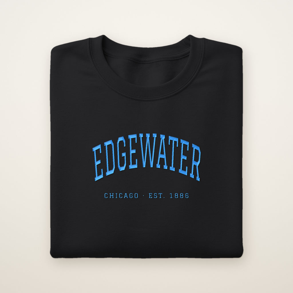 Edgewater Chicago Embroidered Crewneck — Sky Blue Thread on Black