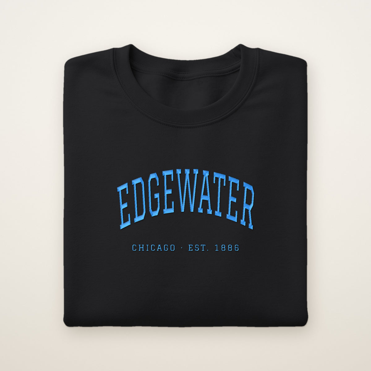 Edgewater Chicago Embroidered Crewneck — Sky Blue Thread on Black