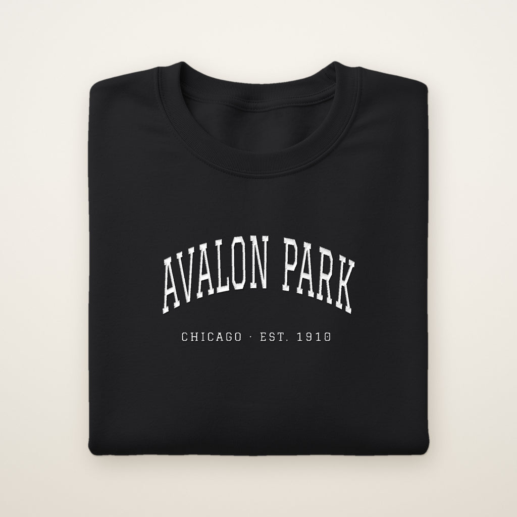 Avalon Park Chicago Embroidered Crewneck — White Thread on Black