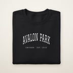 Avalon Park Chicago Embroidered Crewneck — White Thread on Black