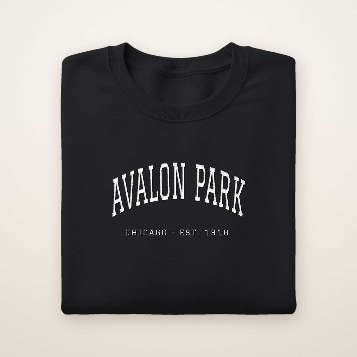 Avalon Park Chicago Embroidered Crewneck — White Thread on Black