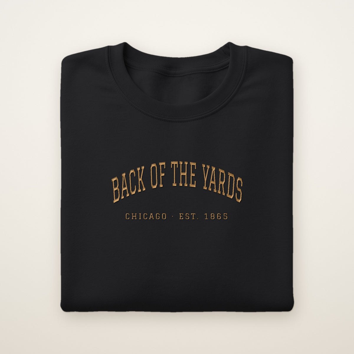 Back of the Yards Chicago Embroidered Crewneck — Gold Thread on Black