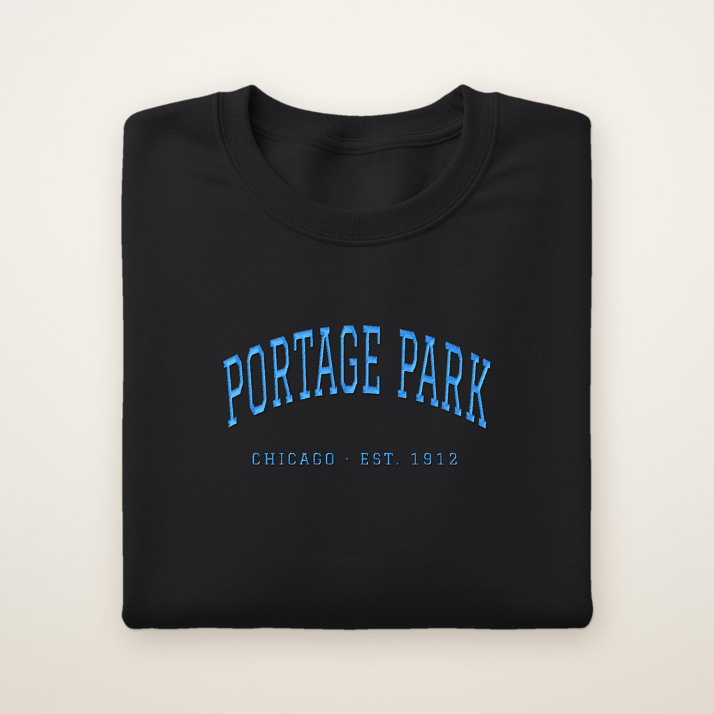 Portage Park Chicago Embroidered Crewneck — Sky Blue Thread on Black