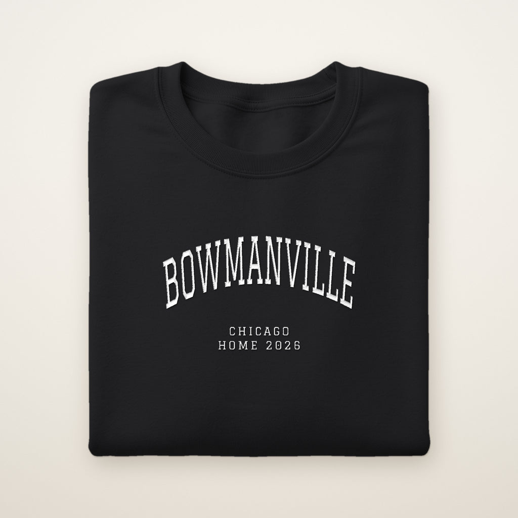 Bowmanville Chicago Home 2026 Embroidered Crewneck — White Thread on Black