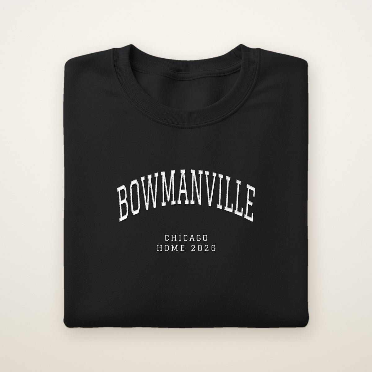 Bowmanville Chicago Home 2026 Embroidered Crewneck — White Thread on Black