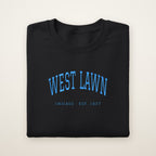 West Lawn Chicago Embroidered Crewneck — Sky Blue Thread on Black