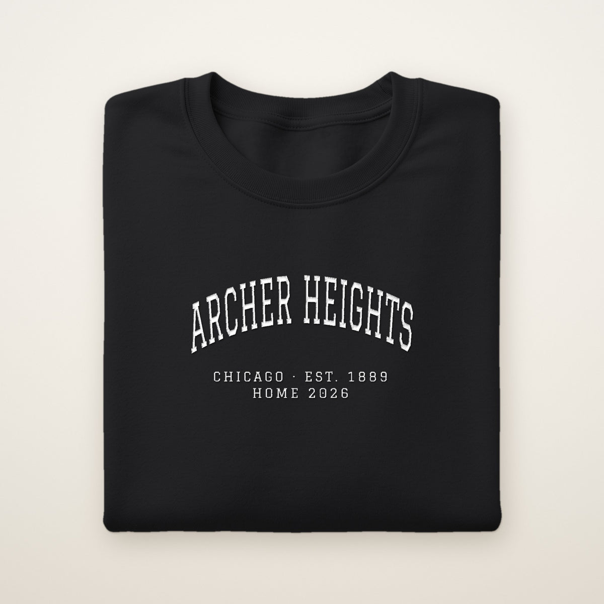 Archer Heights Chicago Home 2026 Embroidered Crewneck — White Thread on Black