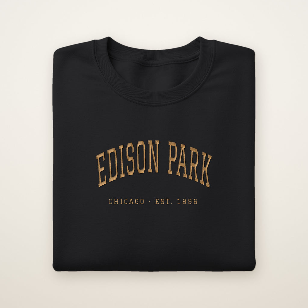 Edison Park Chicago Embroidered Crewneck — Gold Thread on Black