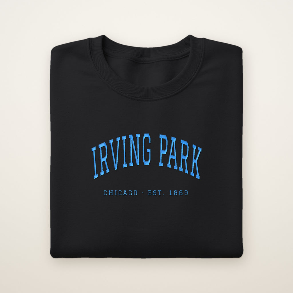 Irving Park Chicago Embroidered Crewneck — Sky Blue Thread on Black