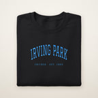Irving Park Chicago Embroidered Crewneck — Sky Blue Thread on Black