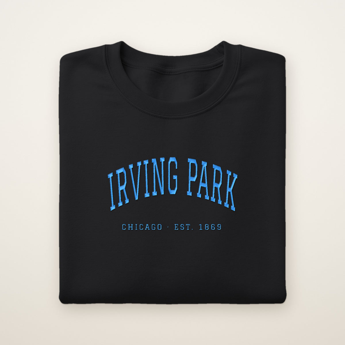 Irving Park Chicago Embroidered Crewneck — Sky Blue Thread on Black