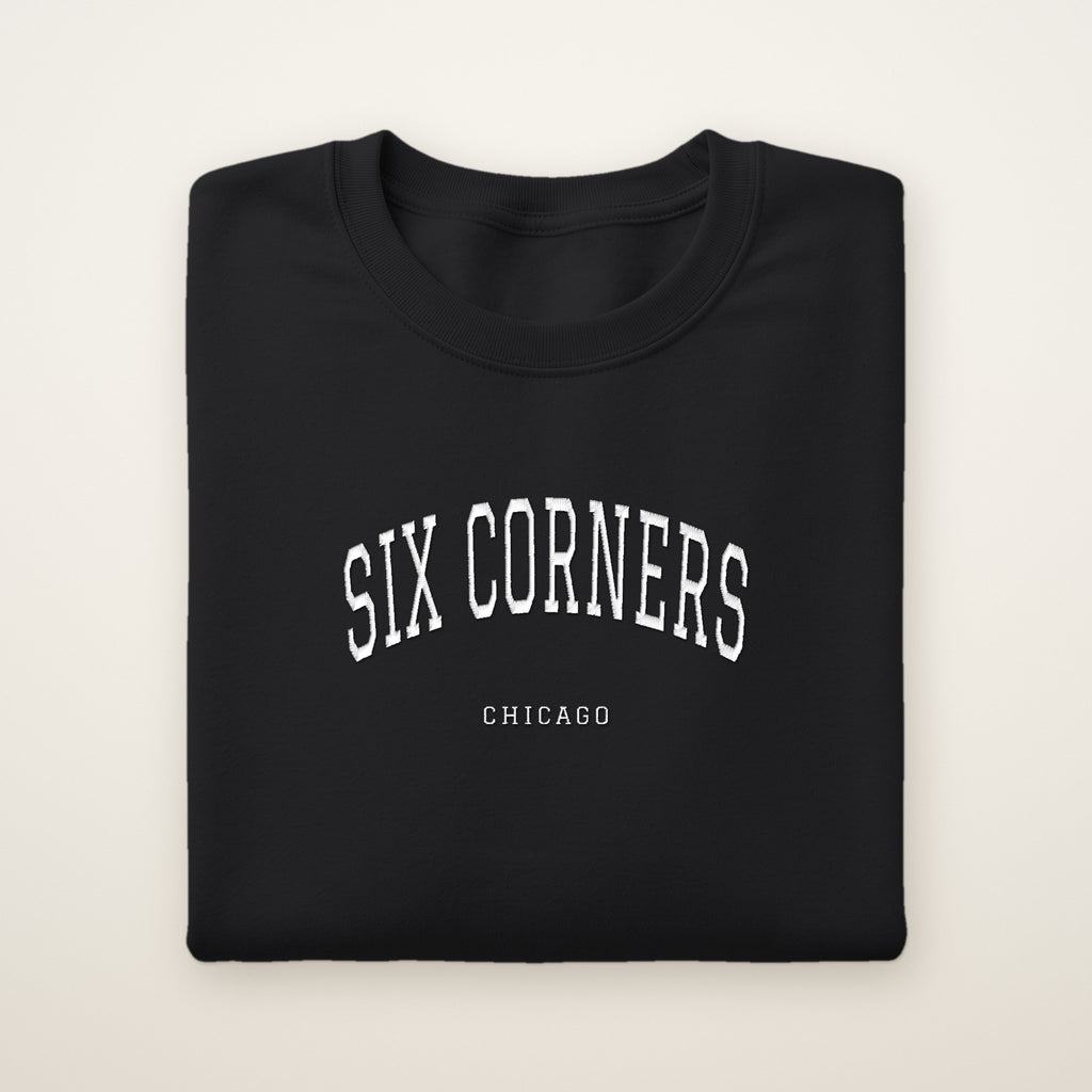 Six Corners Chicago Embroidered Crewneck — White Thread on Black