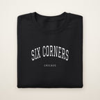 Six Corners Chicago Embroidered Crewneck — White Thread on Black