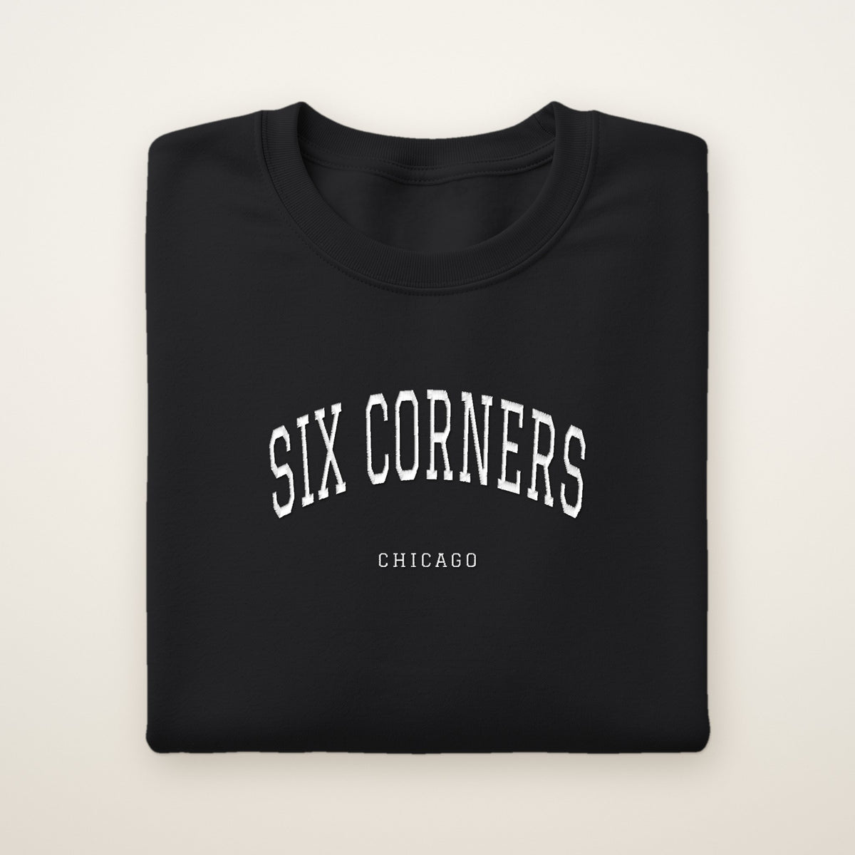 Six Corners Chicago Embroidered Crewneck — White Thread on Black