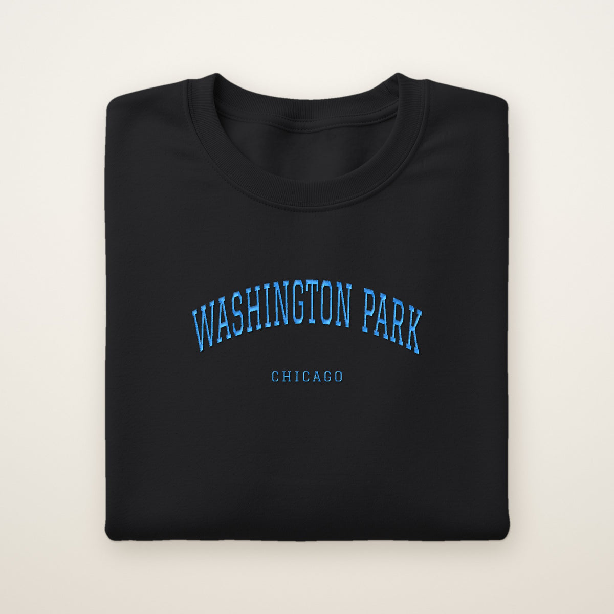 Washington Park Chicago Embroidered Crewneck — Sky Blue Thread on Black