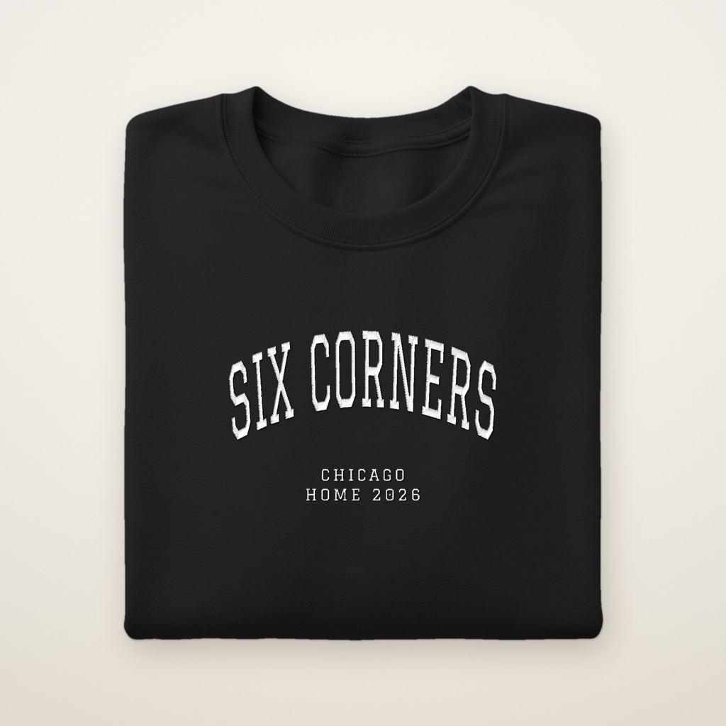 Six Corners Chicago Home 2026 Embroidered Crewneck — White Thread on Black