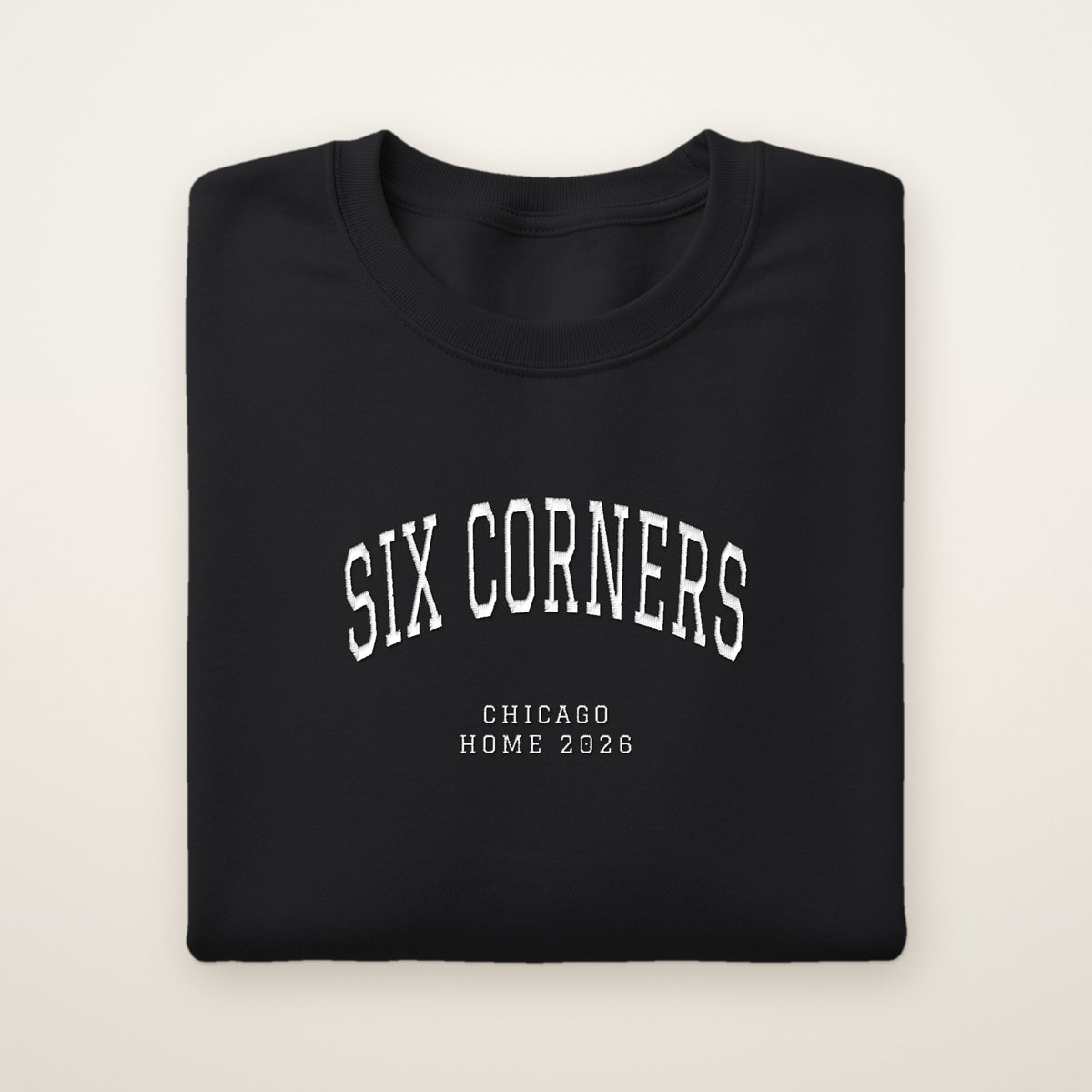 Six Corners Chicago Home 2026 Embroidered Crewneck — White Thread on Black
