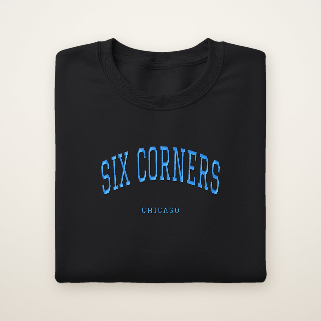 Six Corners Chicago Embroidered Crewneck — Sky Blue Thread on Black