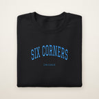 Six Corners Chicago Embroidered Crewneck — Sky Blue Thread on Black