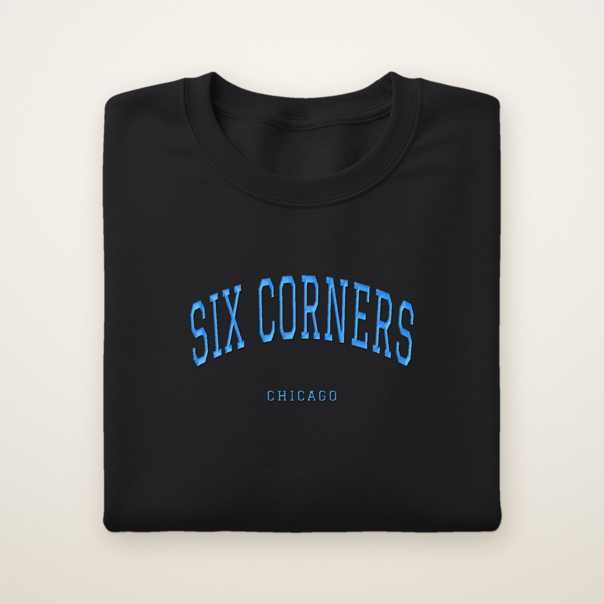 Six Corners Chicago Embroidered Crewneck — Sky Blue Thread on Black