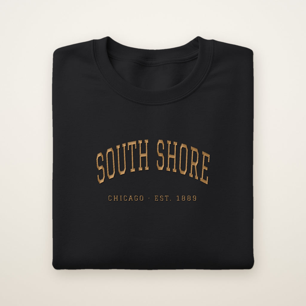 South Shore Chicago Embroidered Crewneck — Gold Thread on Black