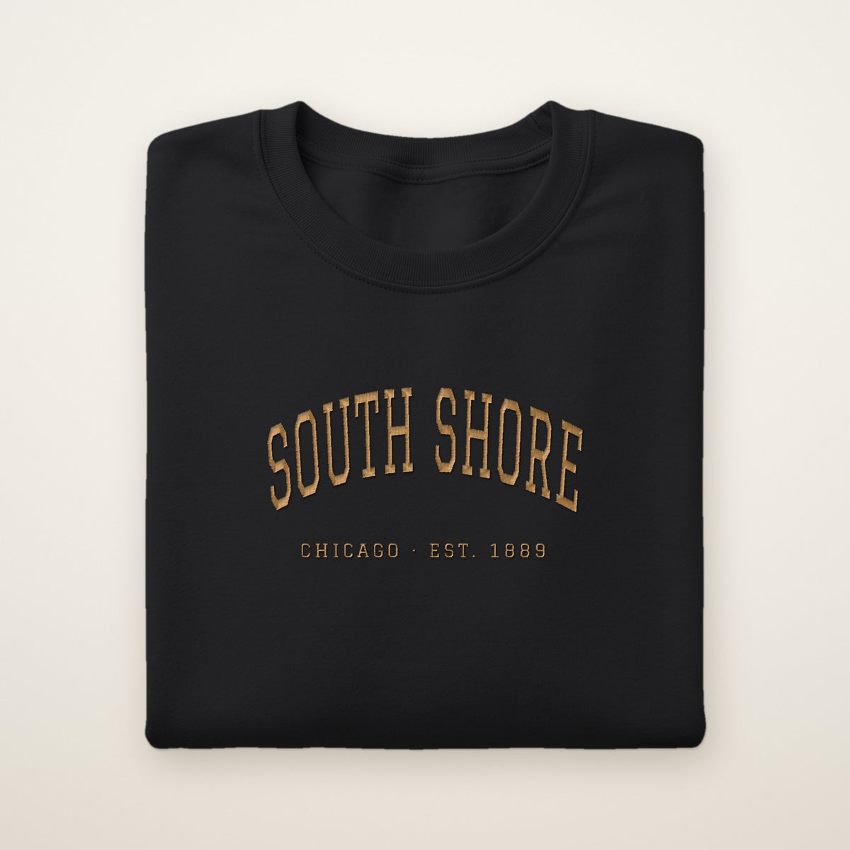 South Shore Chicago Embroidered Crewneck — Gold Thread on Black