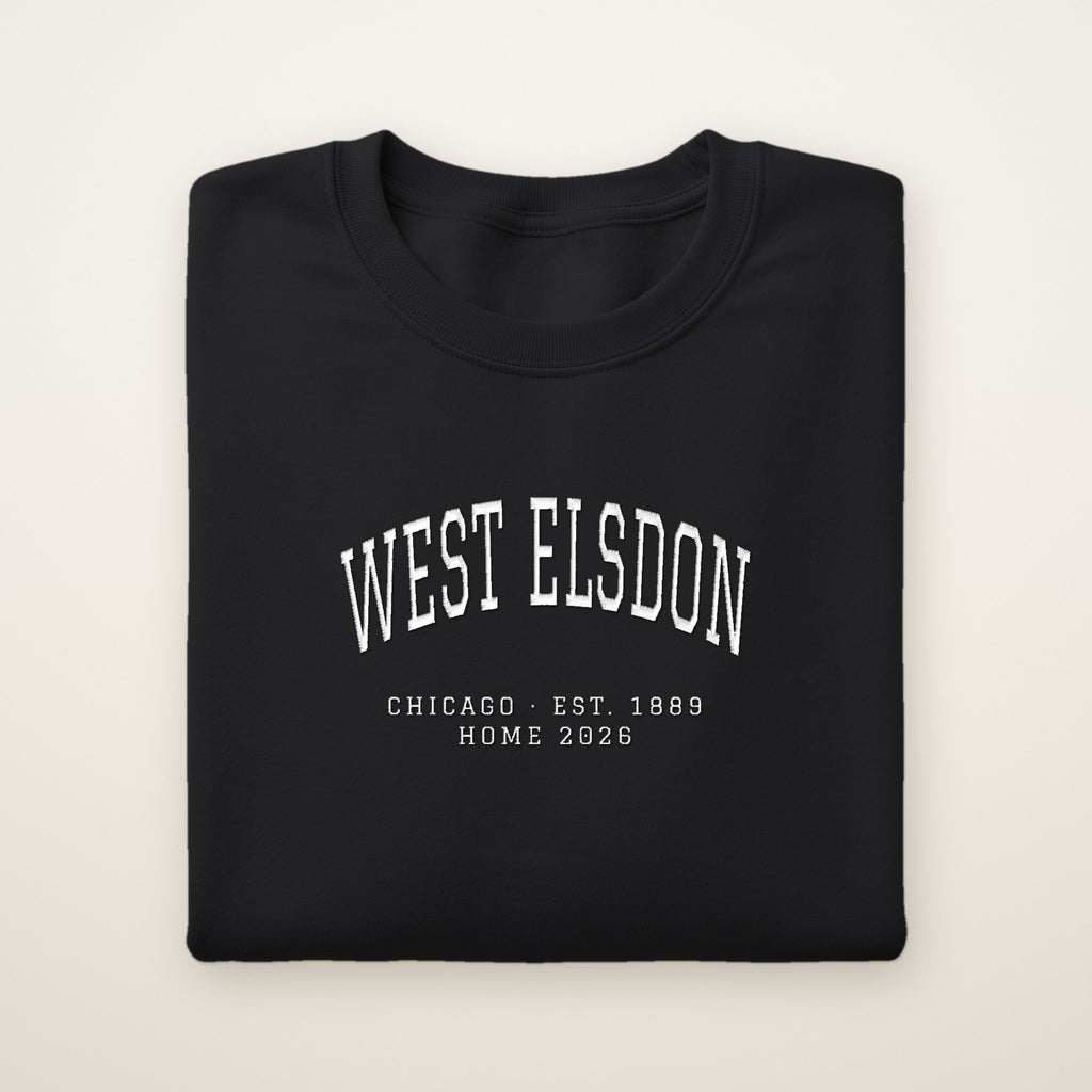 West Elsdon Chicago Home 2026 Embroidered Crewneck — White Thread on Black
