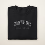Old Irving Park Chicago Embroidered Crewneck — White Thread on Black